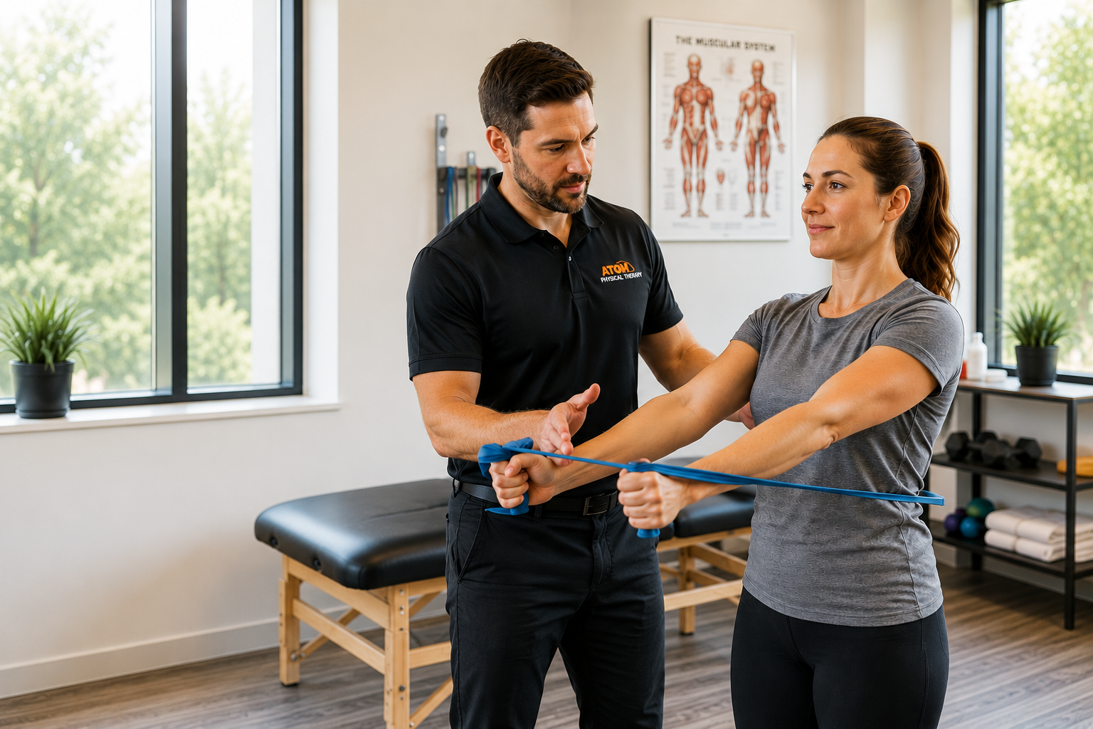 Physical therapist guiding a patient through a therapeutic exercise